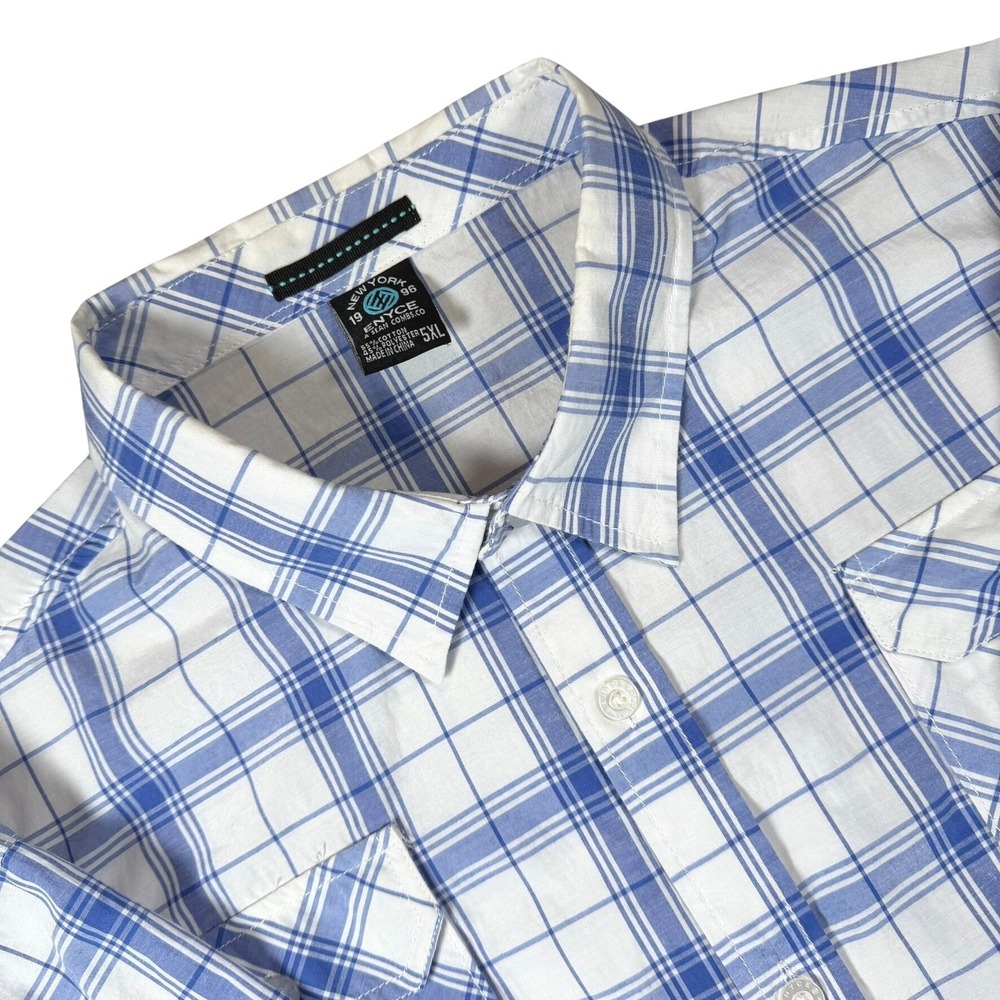 Enyce Sean Combs Plaid Shirt Mens 5XL Blue White Short Sleeve Button Up Big Tall